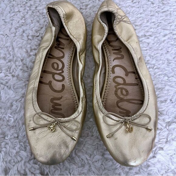Sam Edelman Gold Metallic Women Bow Ballet Flats Slip On Leather Trendy SZ 7.5 - Picture 1 of 8